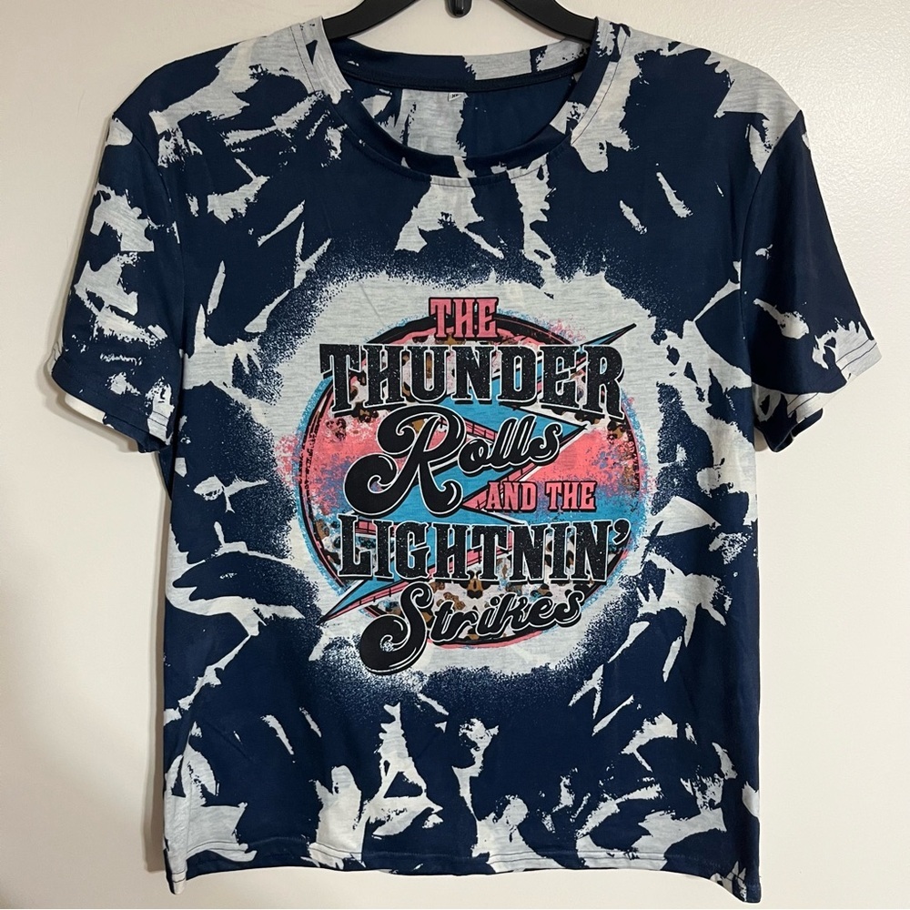 Women's Garth Brooks Thunder Rolls Bleach Dyed Short Sleeve Tshirt‎ Blue Size XL